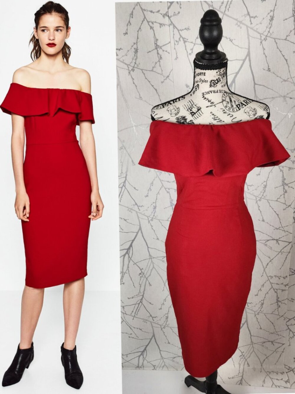 Zara Red Stretch Ponte Knit Off Shoulder Midi Cocktail Dress